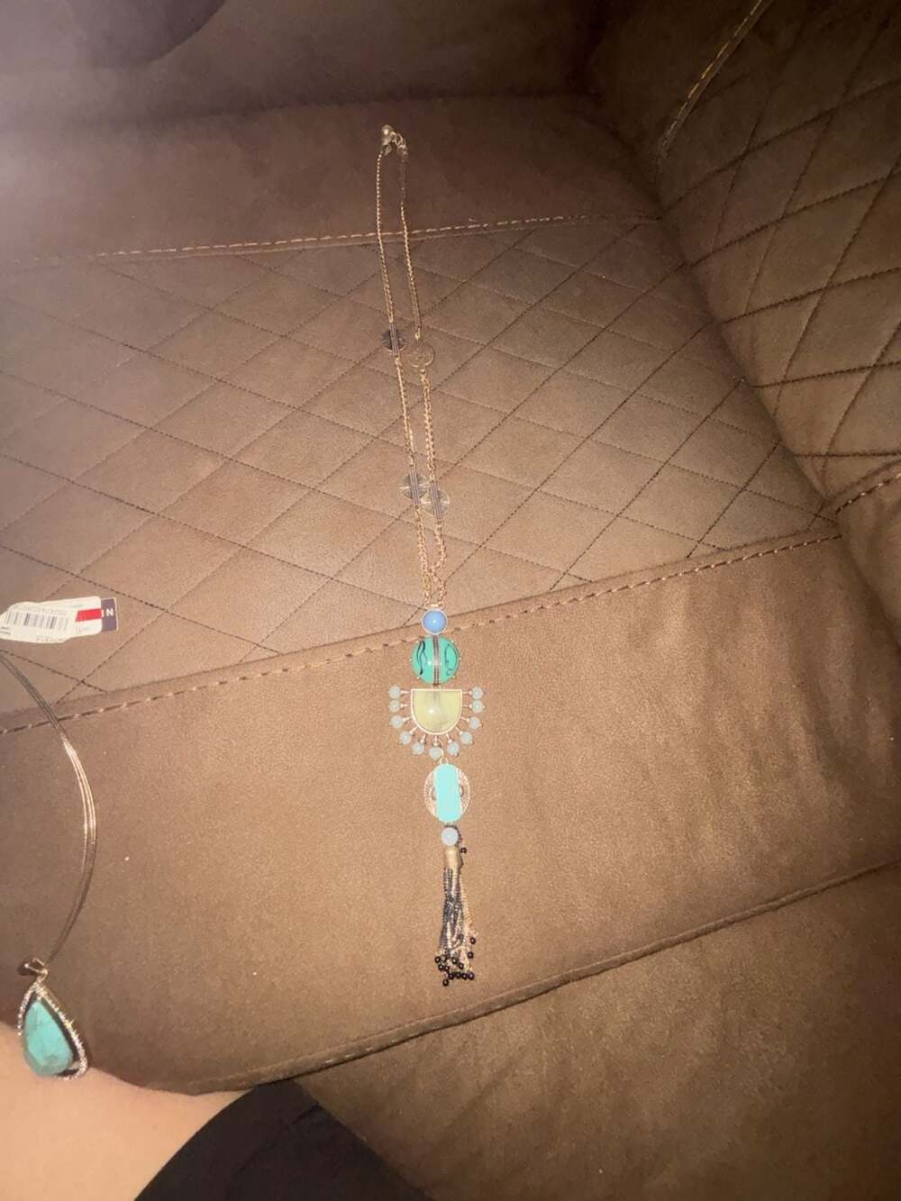 Lucky Brand Silver Tone Pear Shaped Large Pendant Necklace Turquoise Tassel Set - Picture 7 of 7